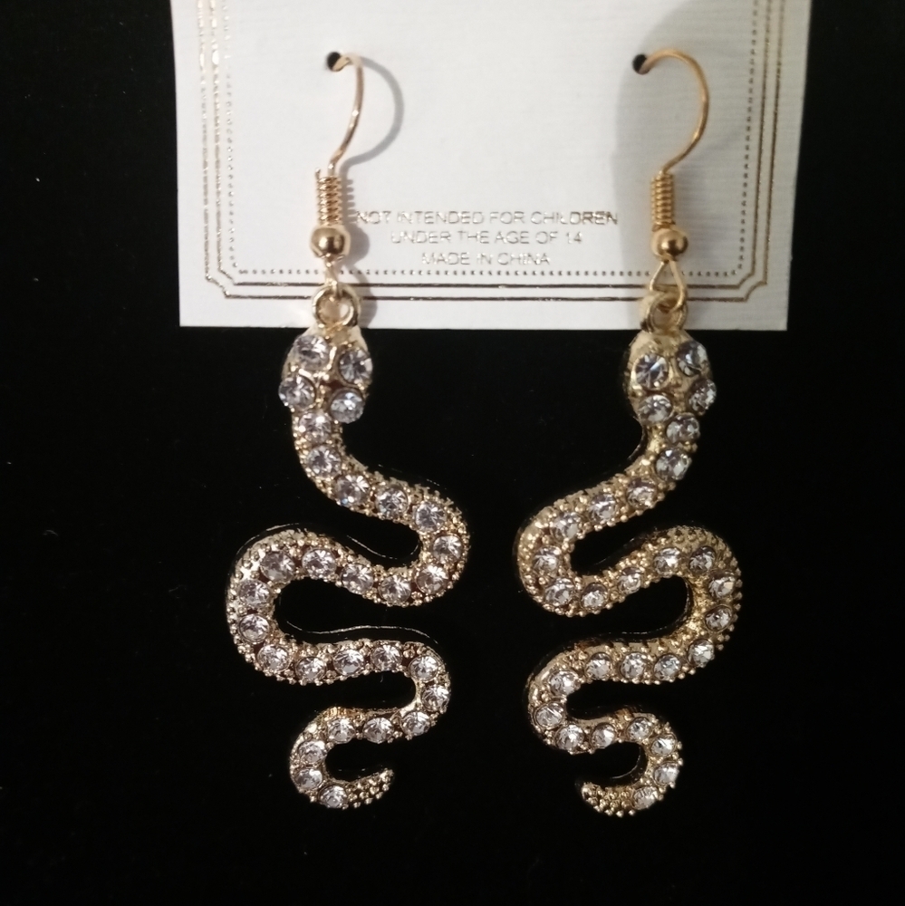 Brand new fish hook snake earrings with clear rhinestones